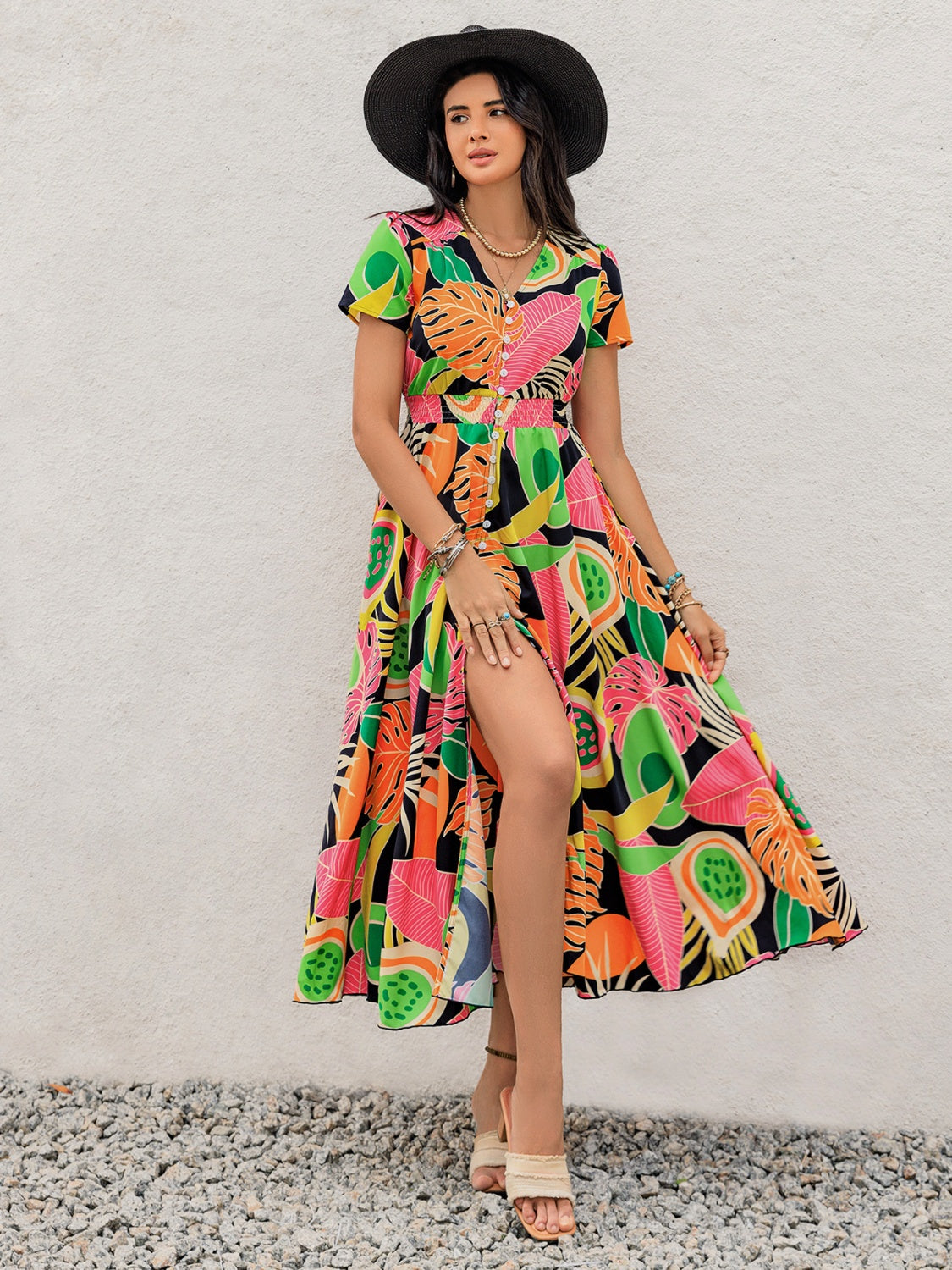 Tropical Print V-Neck Short Sleeve Midi Dress
