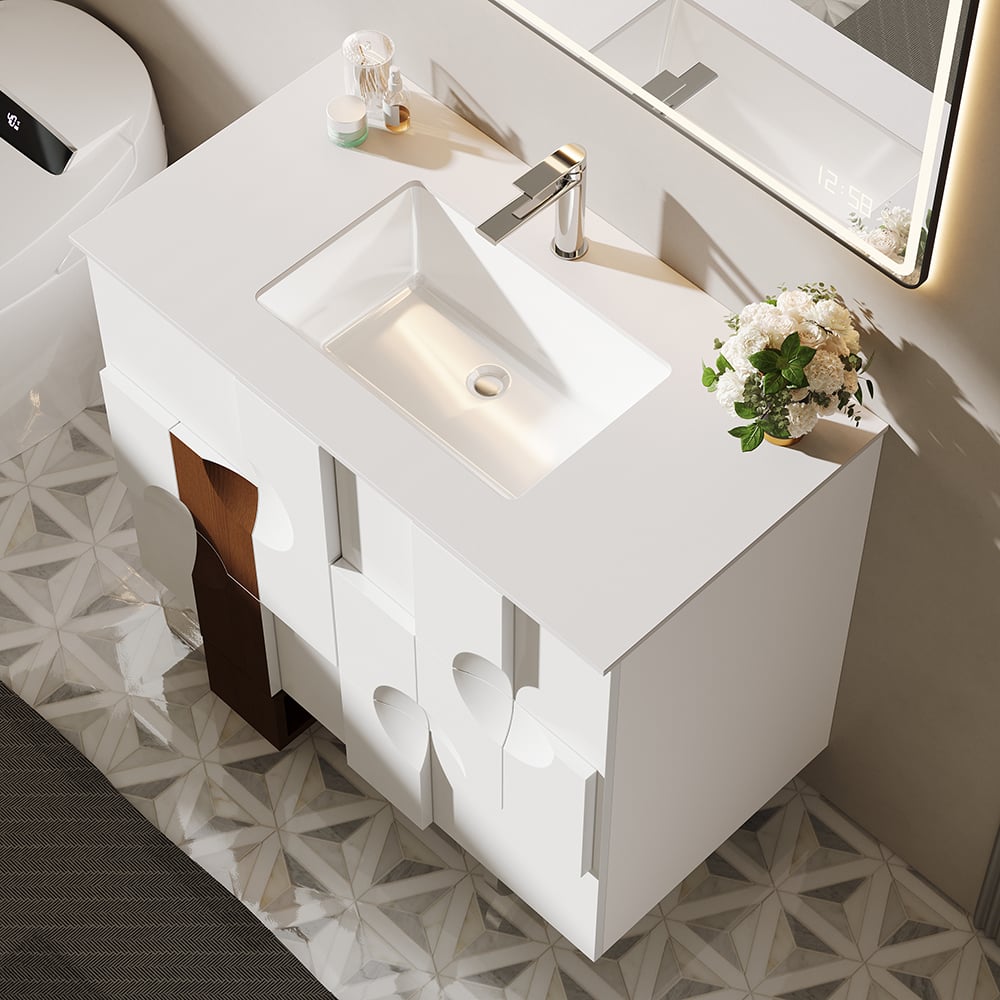 Modern bathroom vanity with sink and mirror in a stylish room.