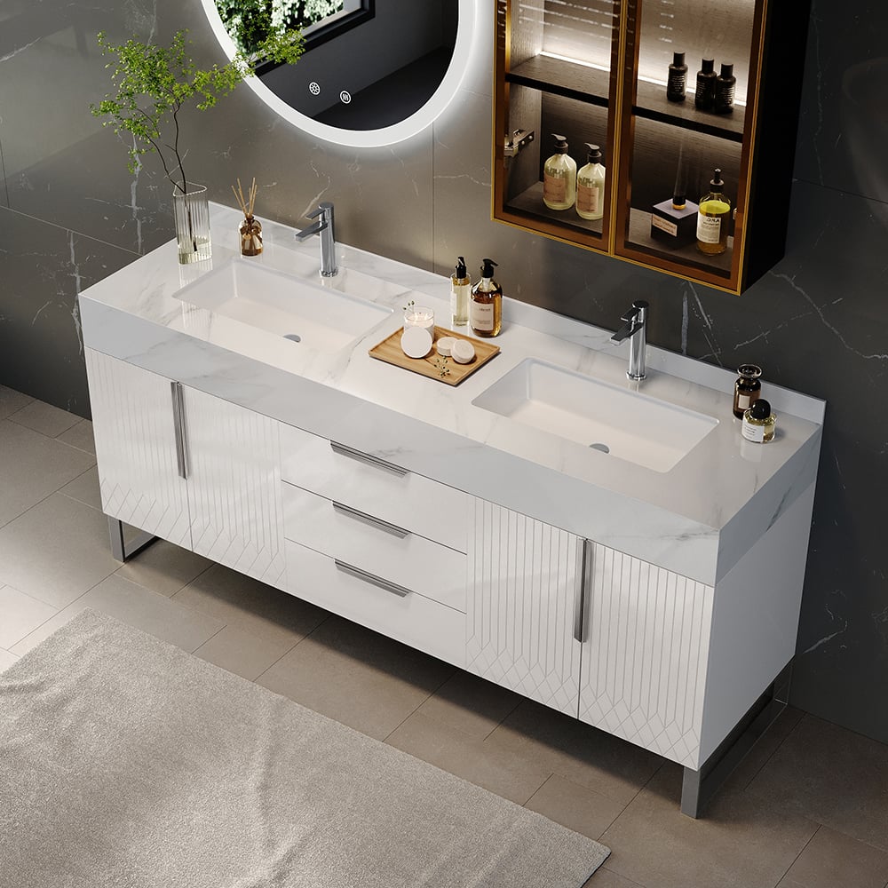 Bathroom vanity with two sinks, cabinets, and decorative items on a tiled floor.