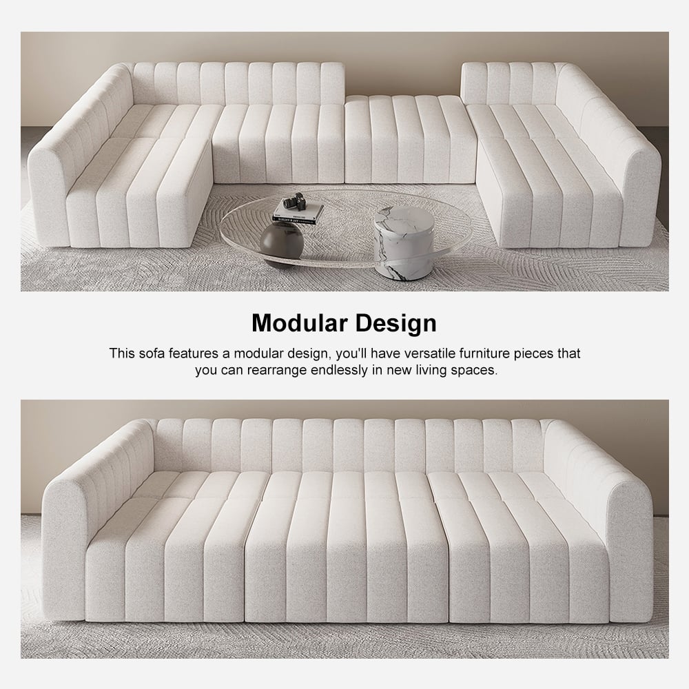 Modular white sofa with text highlighting its design flexibility.