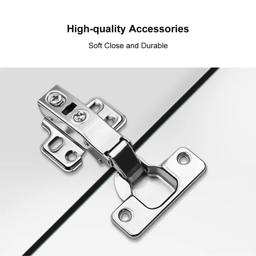 Metallic cabinet hinge on a white background with text 'High-quality Accessories' and 'Soft Close and Durable'.