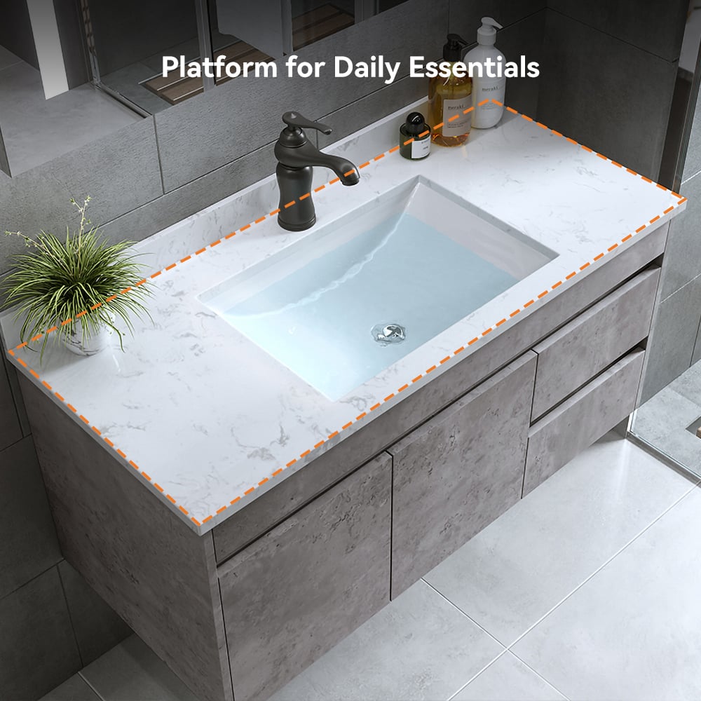 Bathroom vanity with sink, faucet, and toiletries on a light gray countertop.