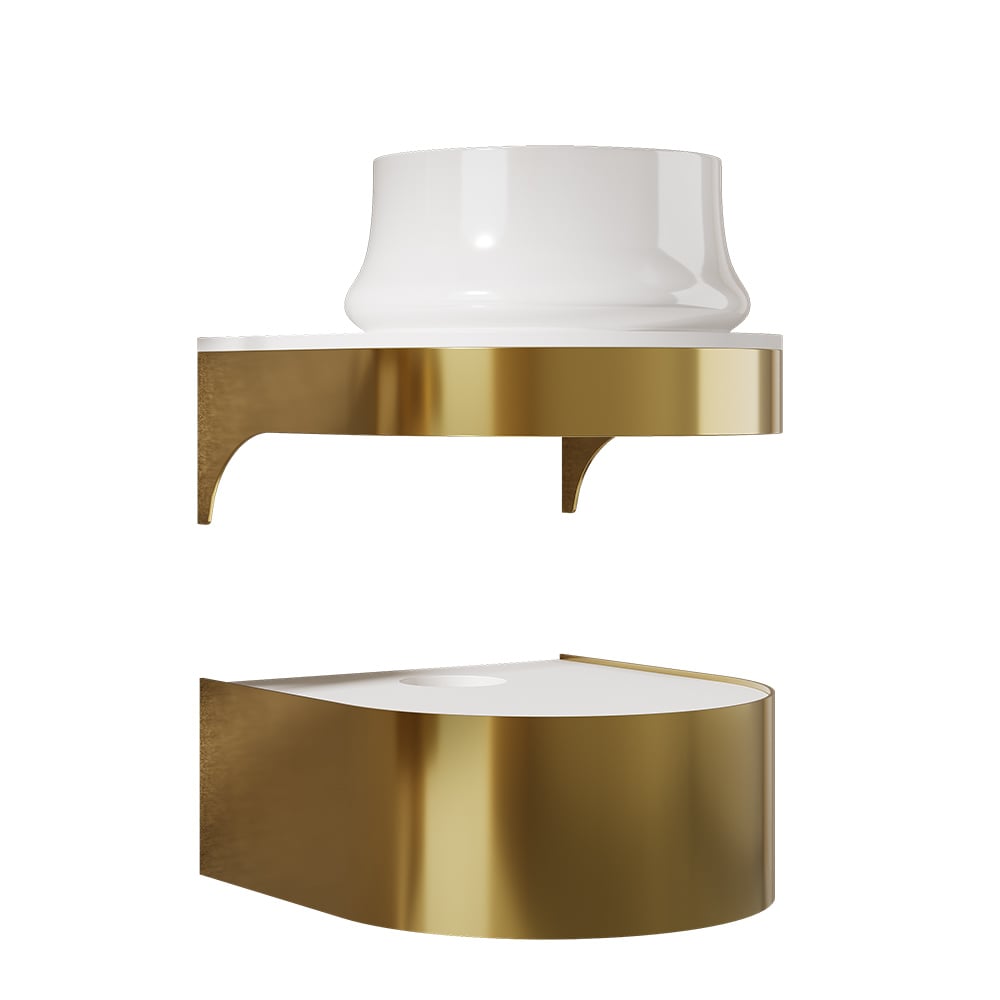 Modern wall-mounted sink with gold base and white basin on a white background