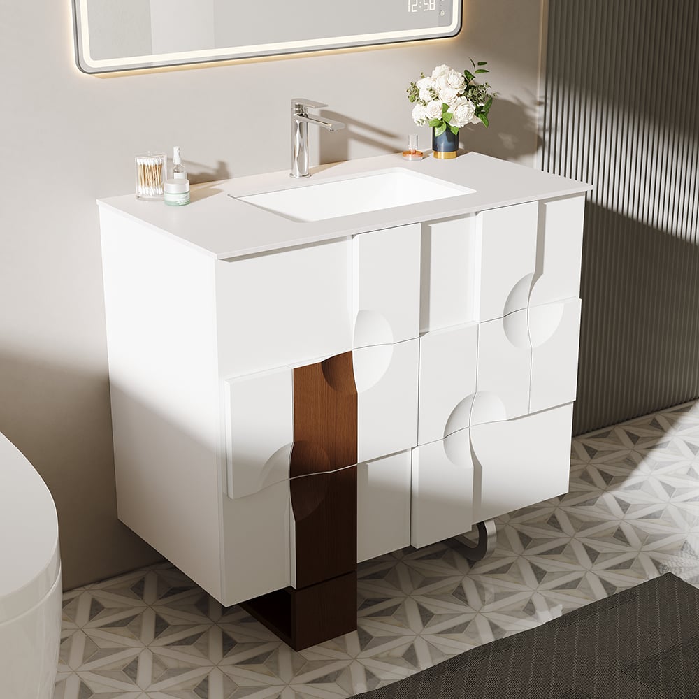 Modern bathroom vanity with sink and mirror in a stylish room.