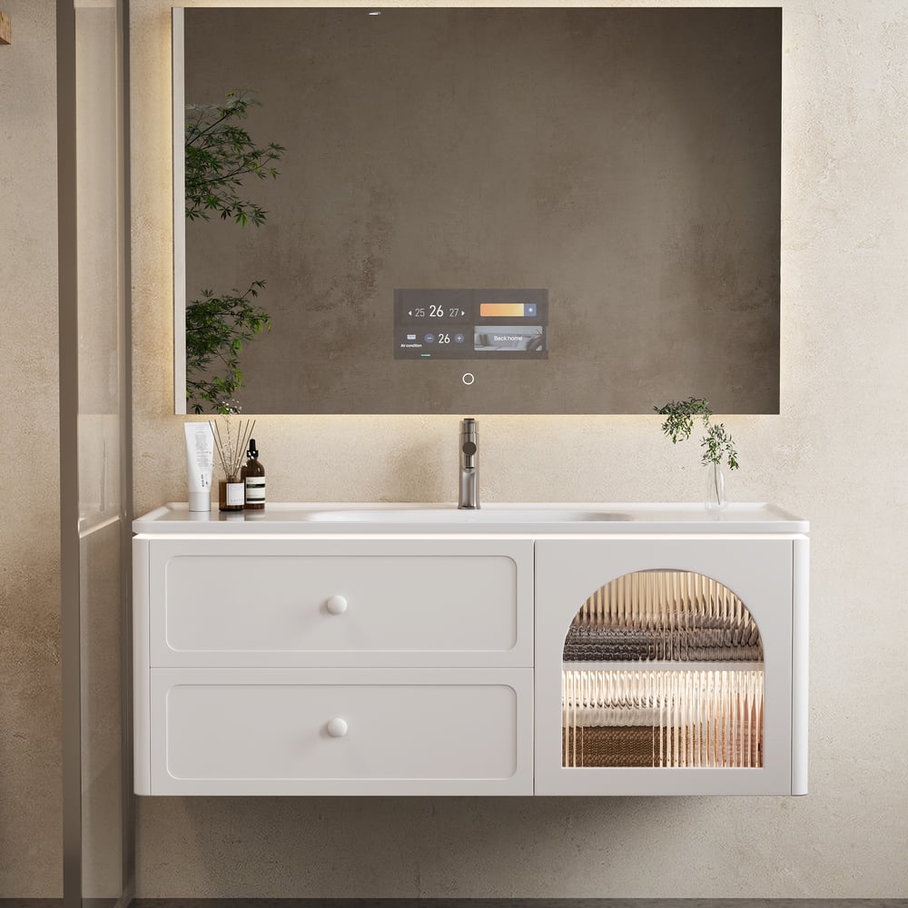 Bathroom vanity with sink, mirror, and decorative elements.