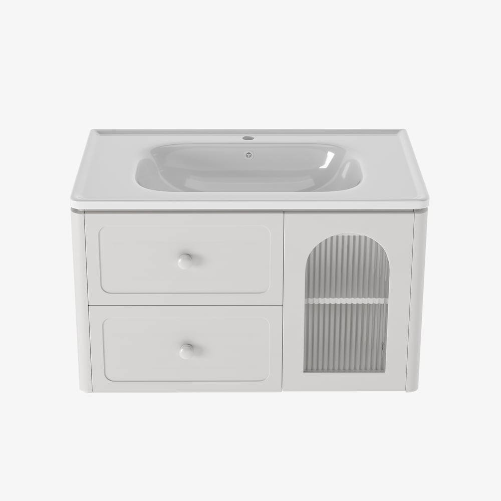 White bathroom vanity with sink and pet door on a white background