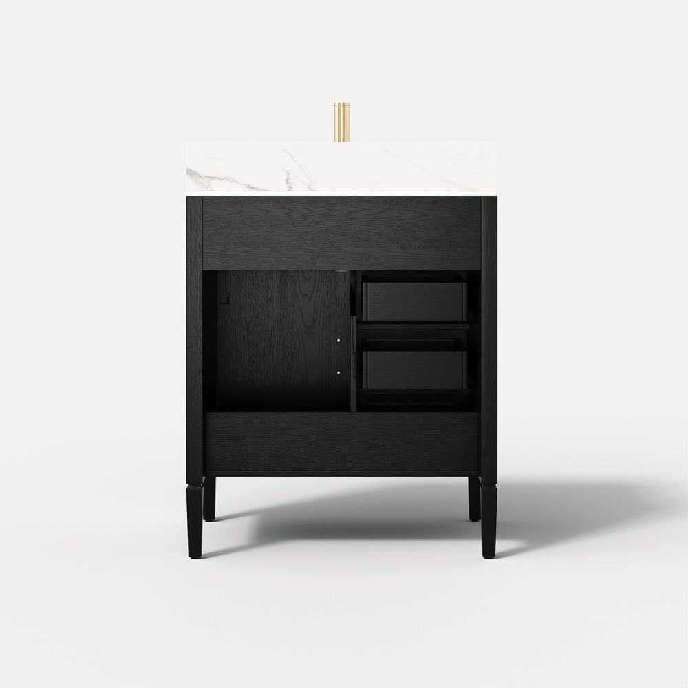 Black bathroom vanity with a white sink on a light gray background