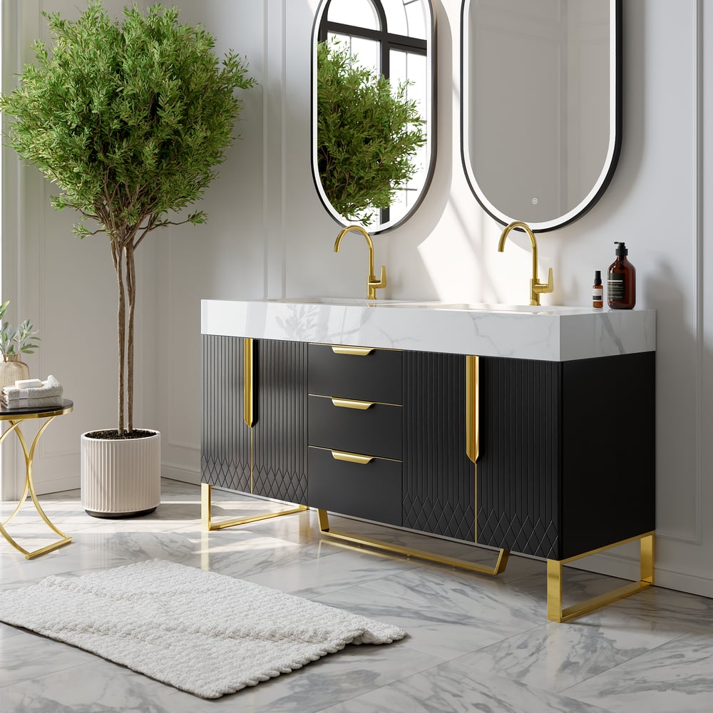 Bathroom vanity with black and gold design, white countertop, and decorative plant.