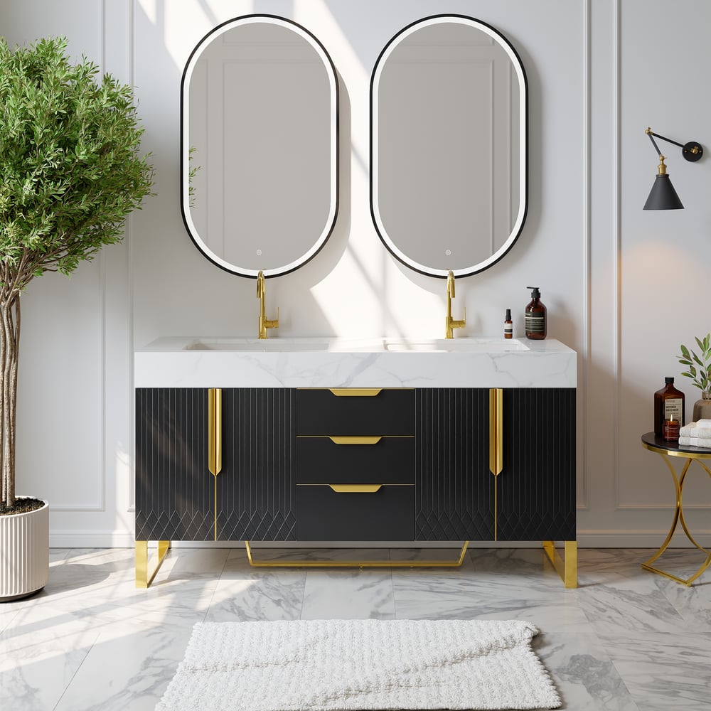 Bathroom vanity with double sink, mirrors, and decorative elements.