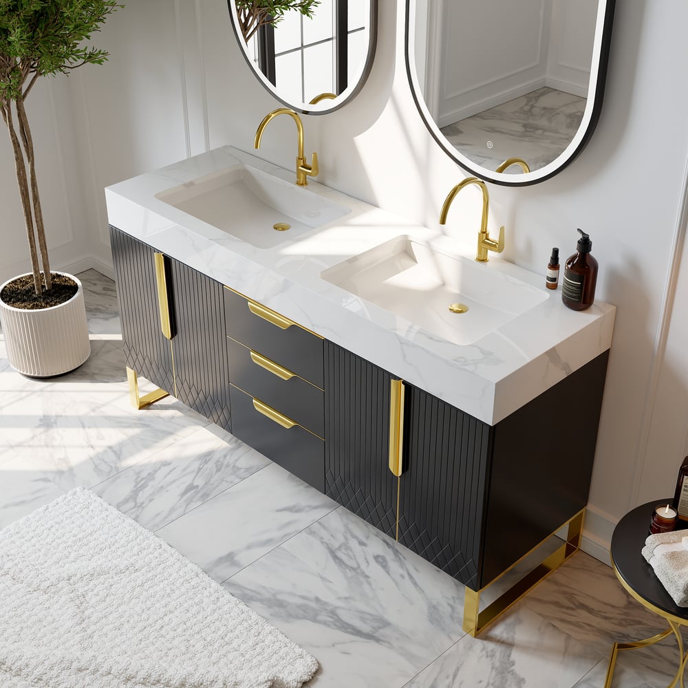 Bathroom vanity with dual sinks, gold fixtures, and decorative elements.