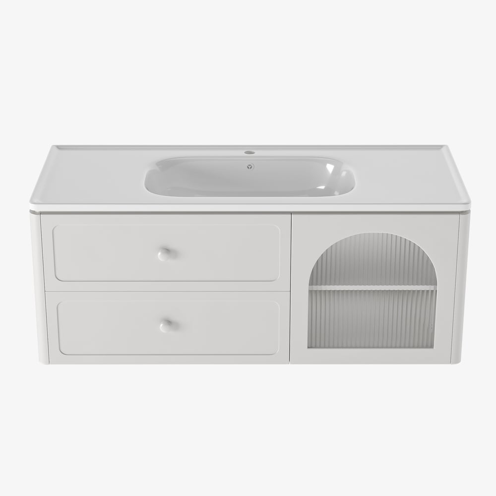White bathroom vanity with sink on a white background