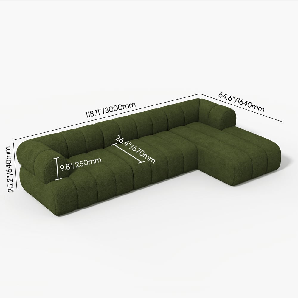 Green L-shaped sofa with dimensions labeled on a white background