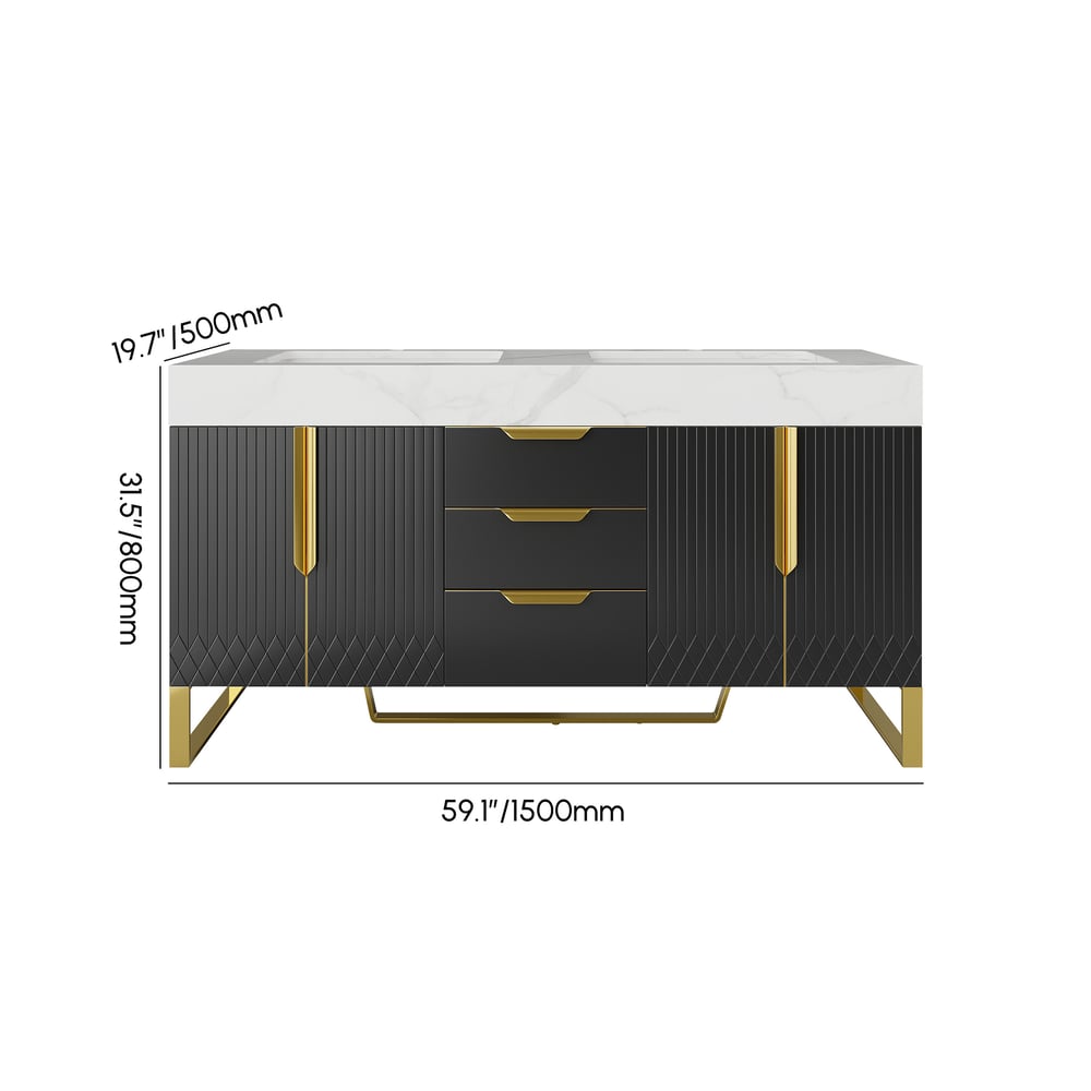 Black and gold cabinet with white countertop and dimensions labeled