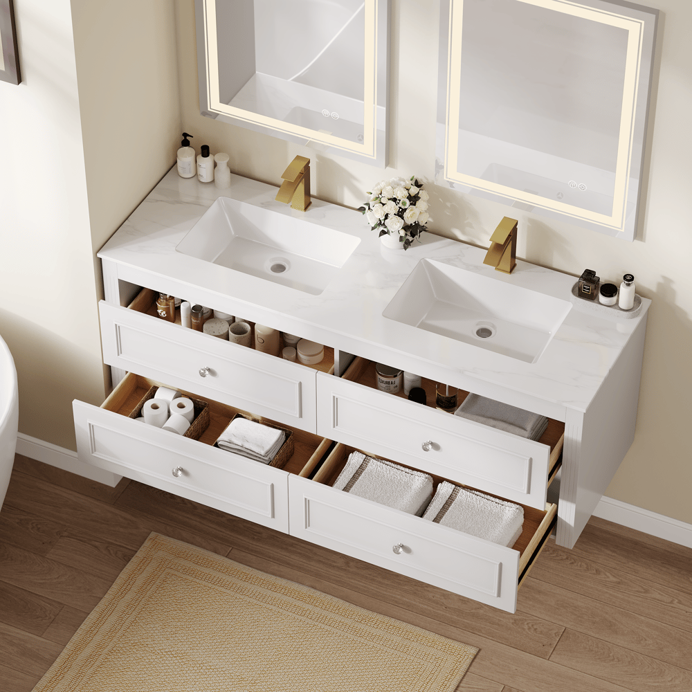 Bathroom Vanity Set 58.6"Modern Floating Ceramic Bathroom Vanity White with Double Sinks