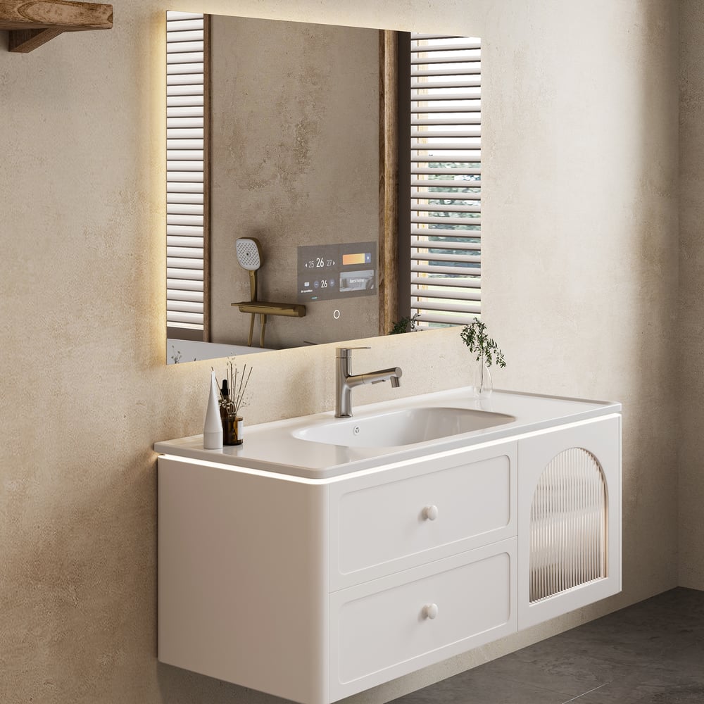 Bathroom vanity with sink and mirror in a modern setting