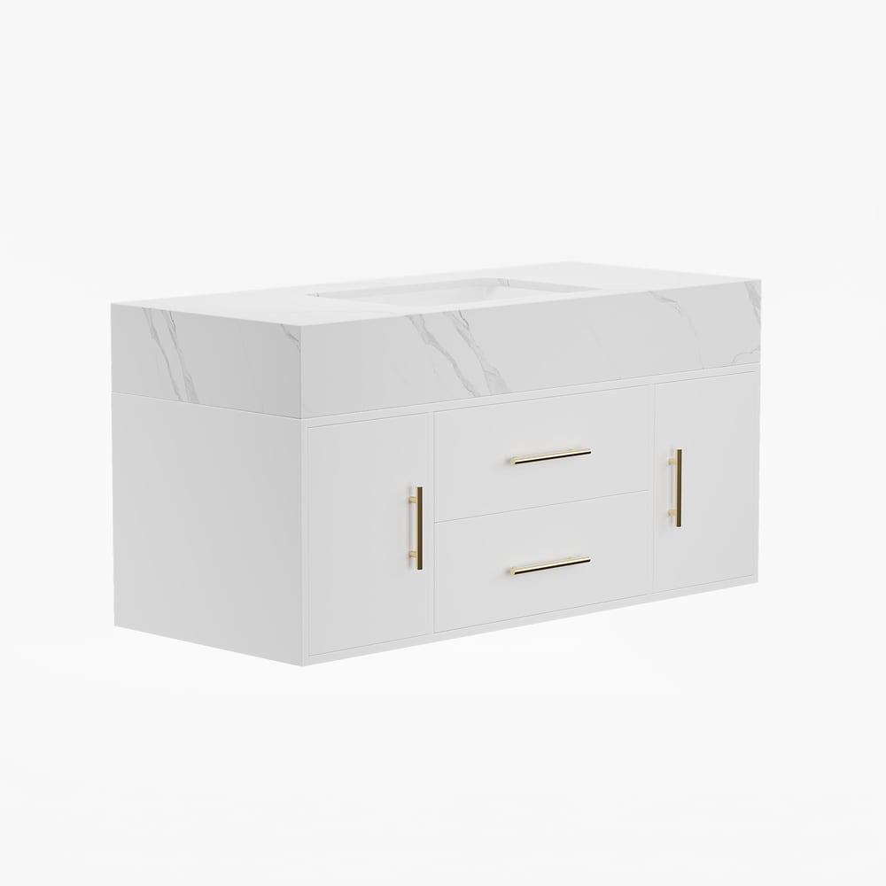 White cabinet with gold handles on a white background