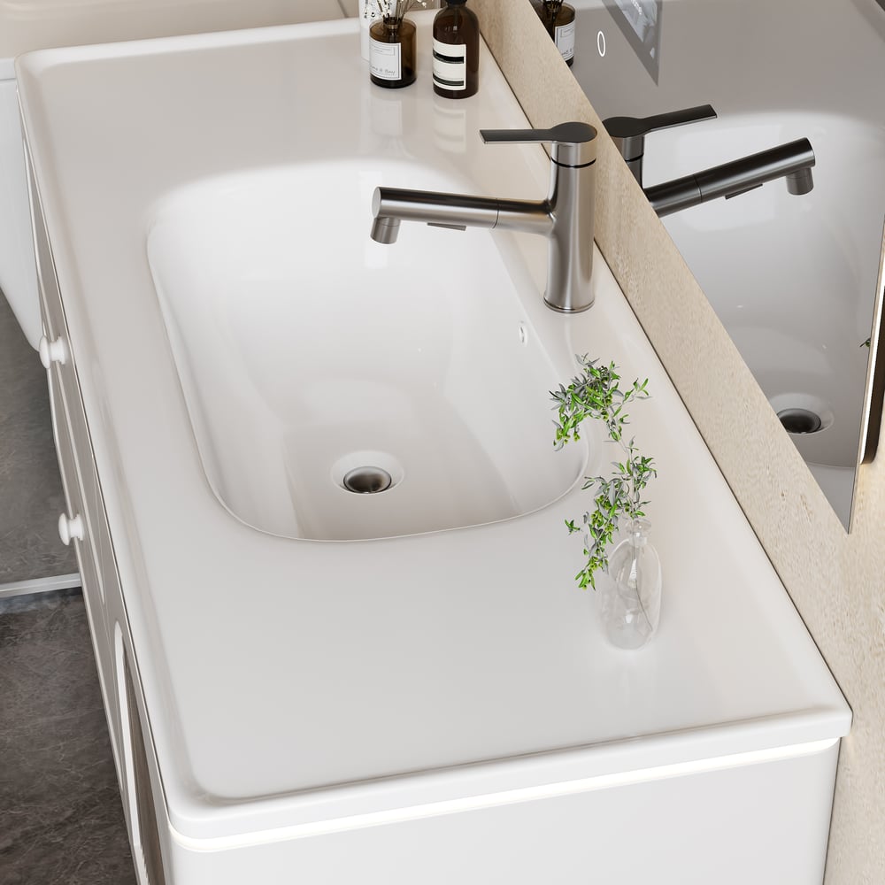 Modern bathroom sink with faucet and decorative elements