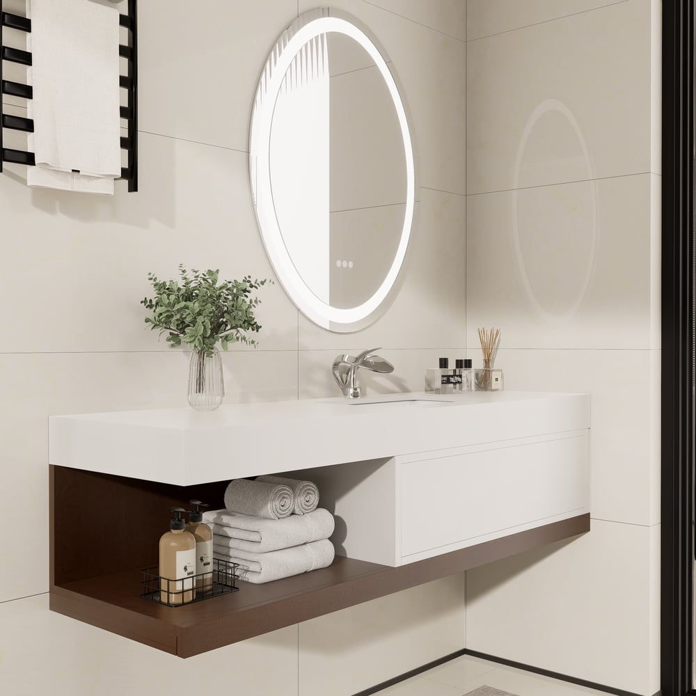 Bathroom Vanity Set 59" Modern Floating Bathroom Vanity White and Natural with Sink