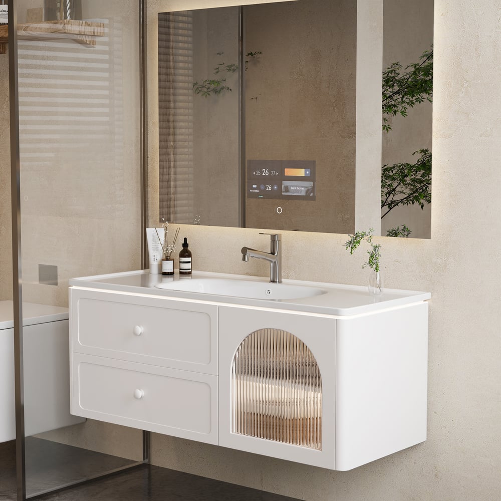 Bathroom vanity with sink and mirror in a modern bathroom setting