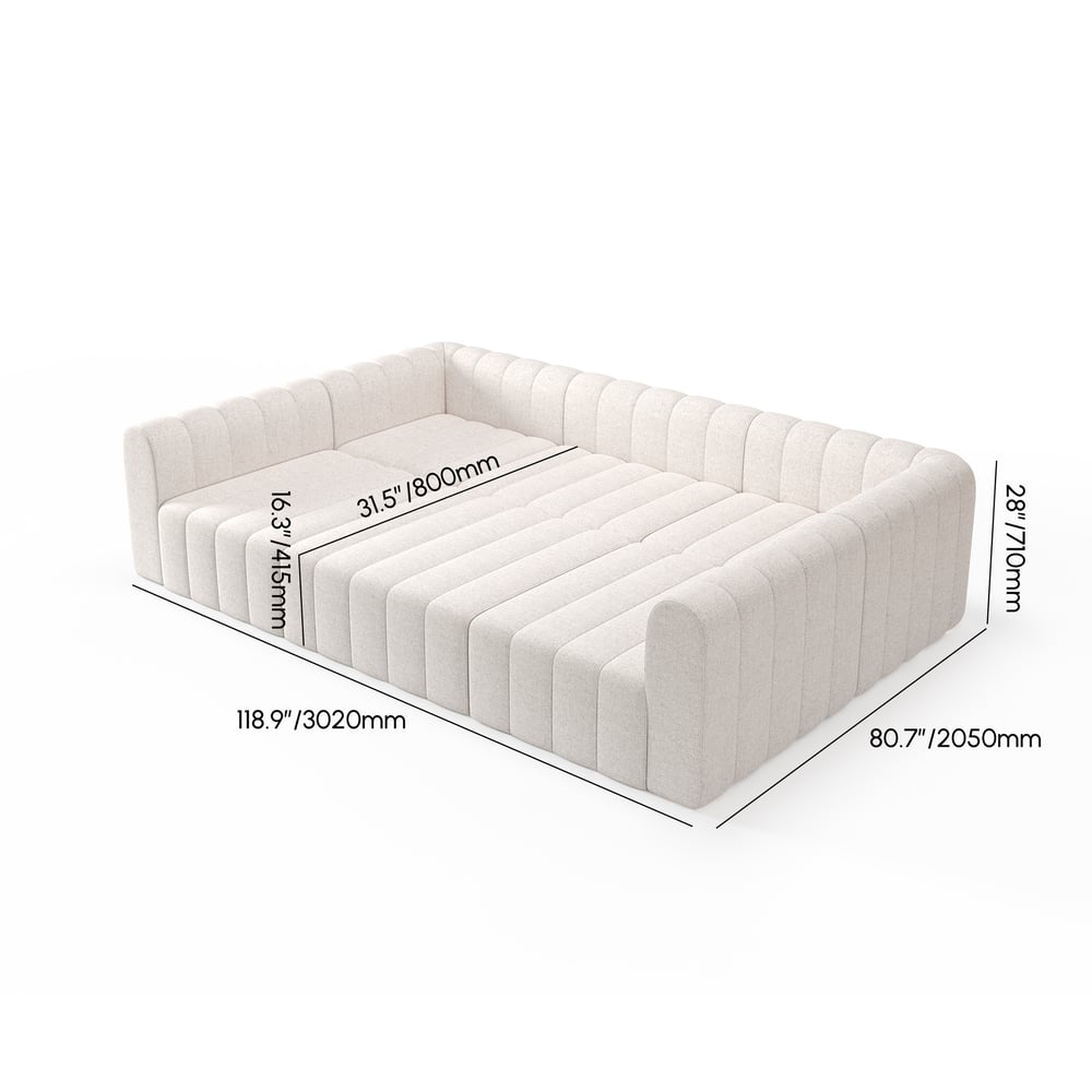 Measurement chart of a white sofa with dimensions labeled on a white background