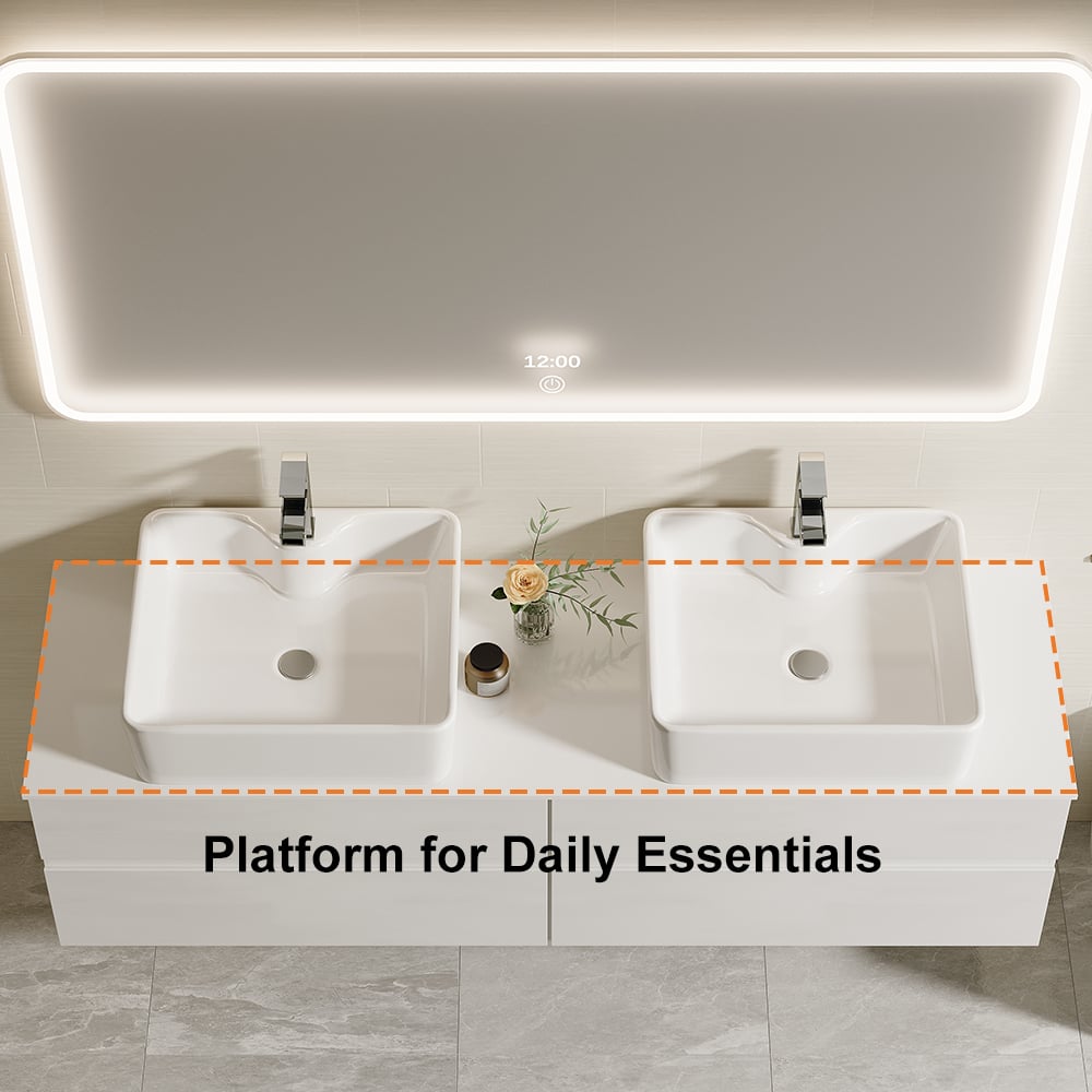 60" Floating Bathroom Vanity Set with Faux Marble Top & Ceramic Vessel Sink