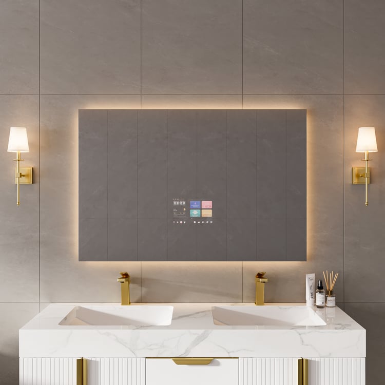 Modern bathroom vanity with marble countertop, gold fixtures, and illuminated mirror.