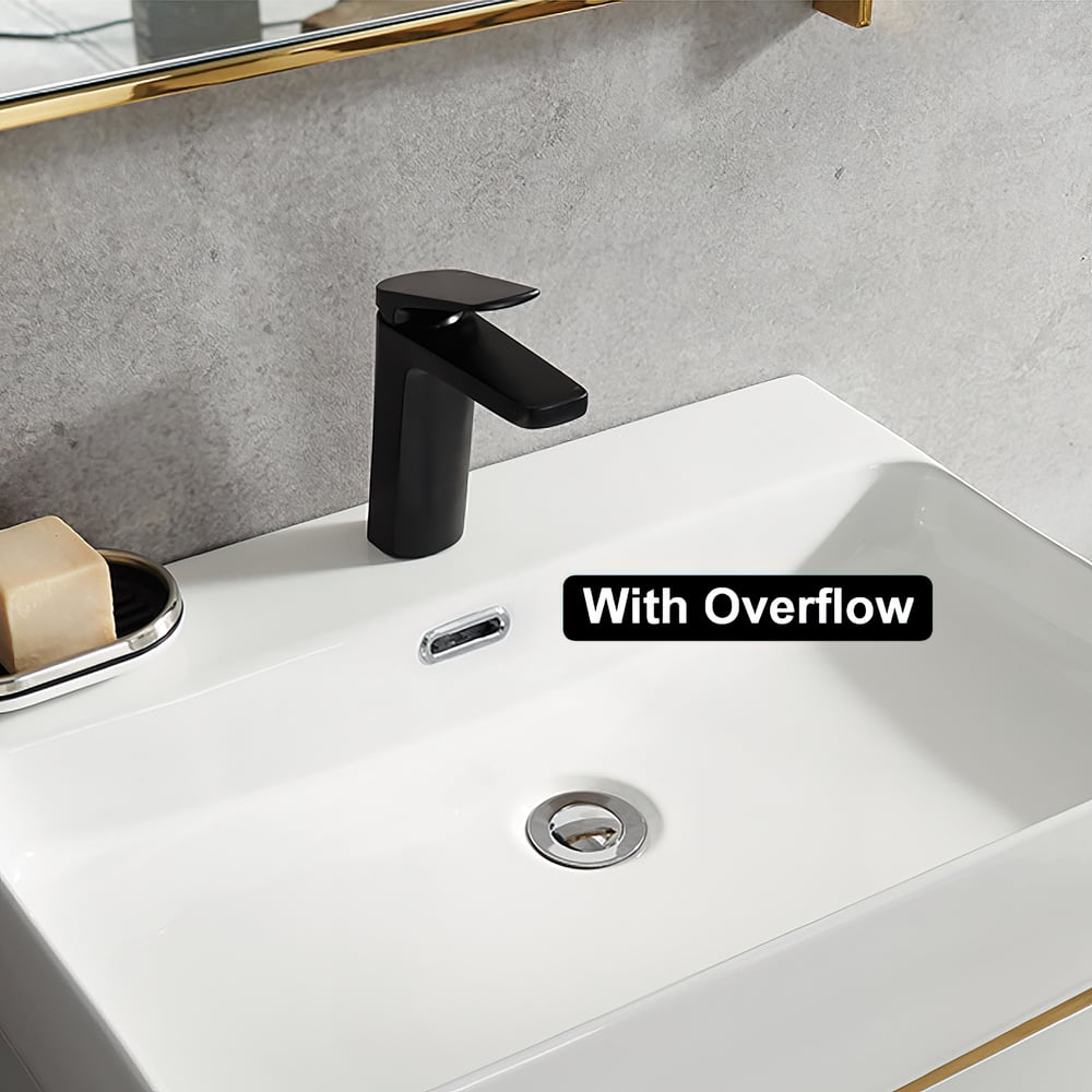 Bathroom sink with black faucet and 'With Overflow' label