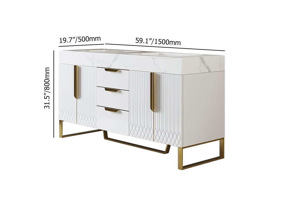 White sideboard with gold accents and dimensions labeled on a white background