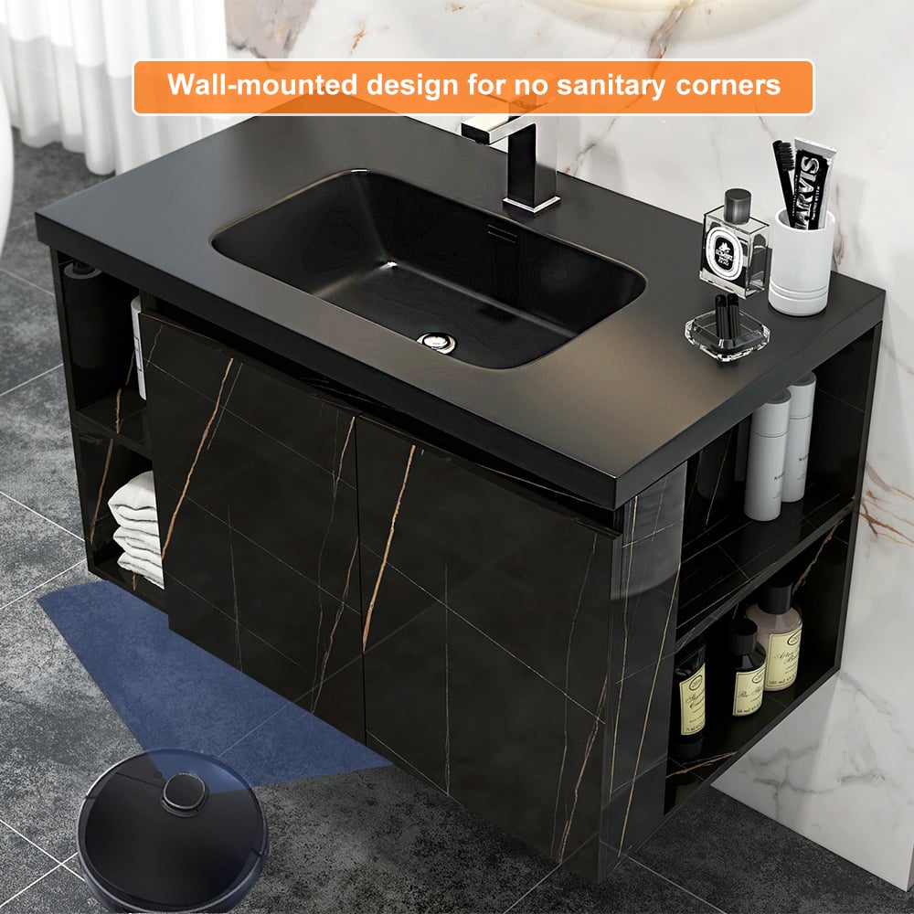 27.6" Wall-Hung Bathroom Vanity Faux Marble with Top Stone Slate Vessel & Sink