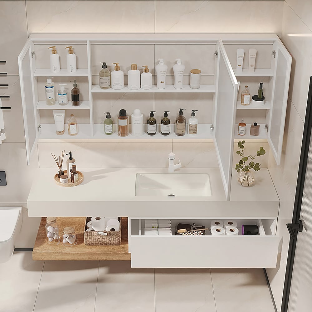 Bathroom Vanity Set 59" Modern Floating Bathroom Vanity White and Natural with Sink
