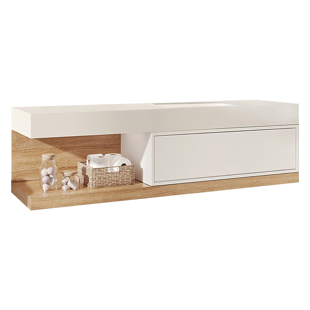 Bathroom Vanity Set 59" Modern Floating Bathroom Vanity White and Natural with Sink