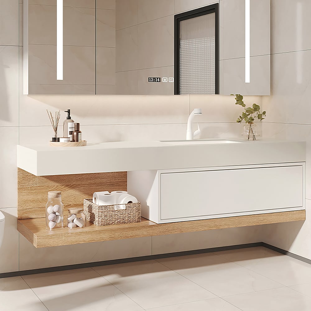 Bathroom Vanity Set 59" Modern Floating Bathroom Vanity White and Natural with Sink