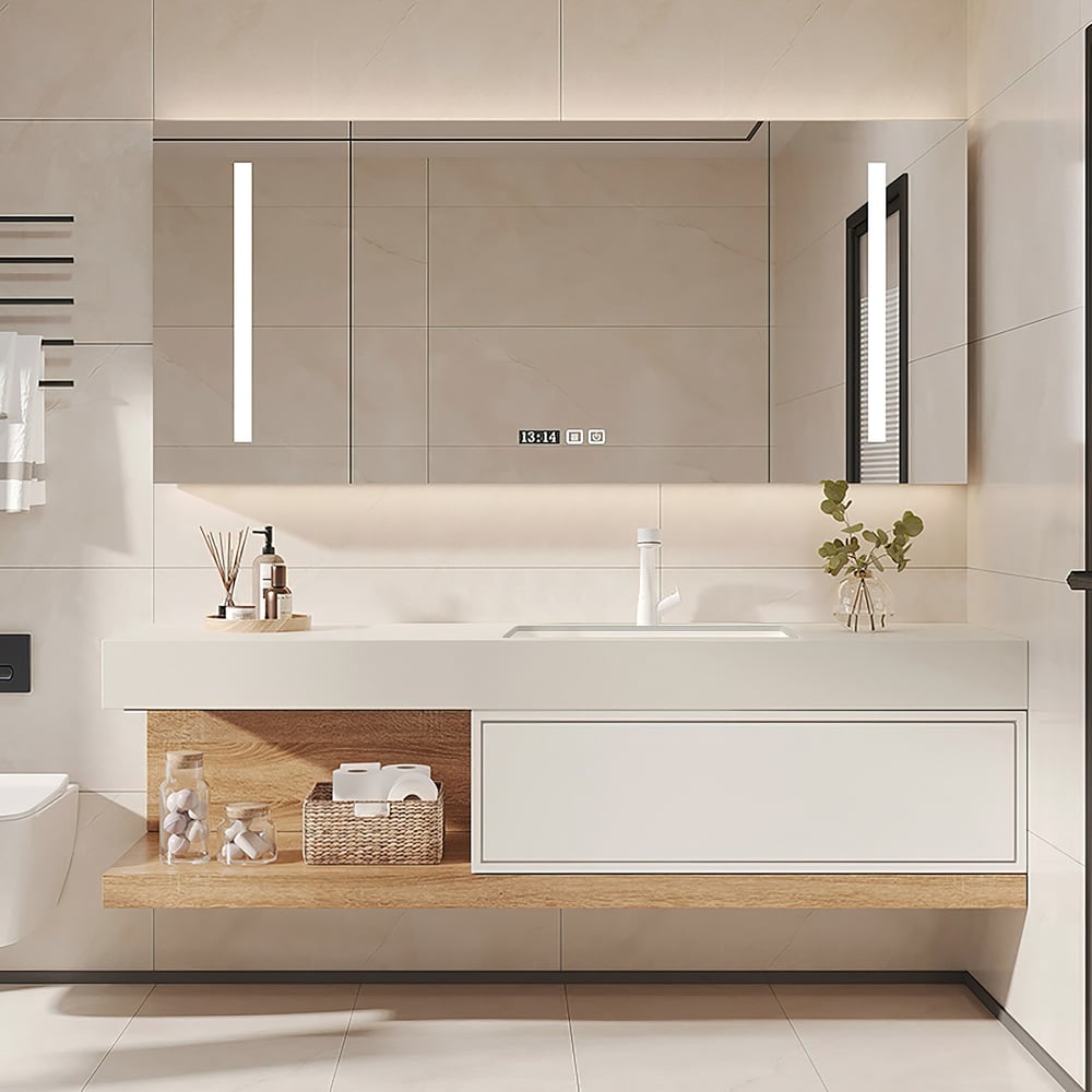 Bathroom Vanity Set 59" Modern Floating Bathroom Vanity White and Natural with Sink