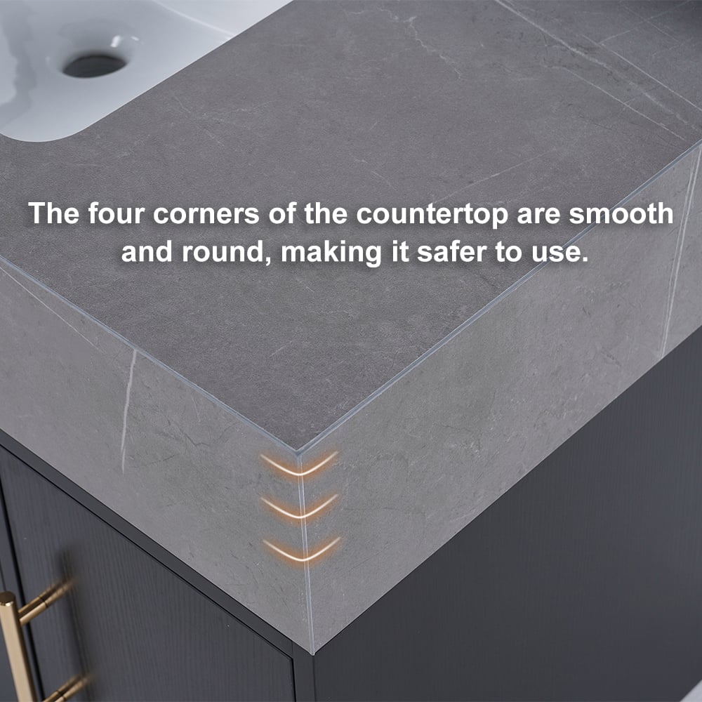 Gray countertop with rounded corners and text indicating safety feature