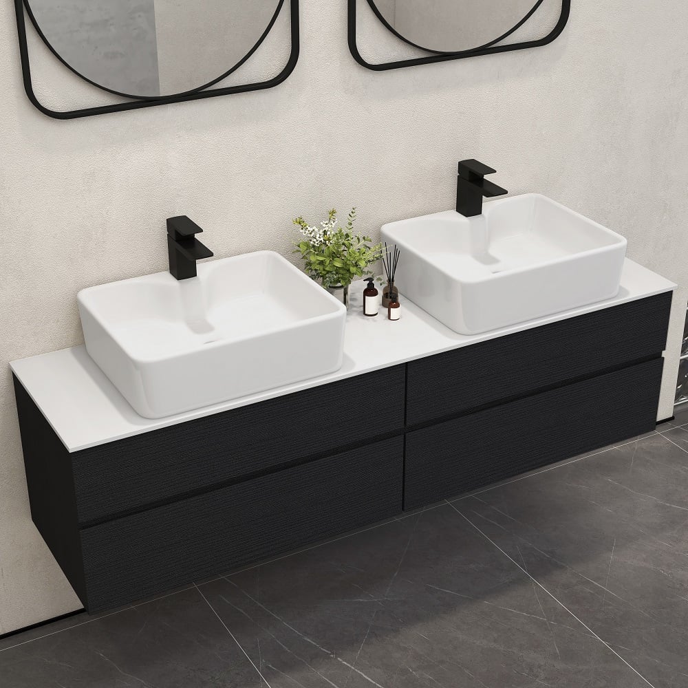 60" Floating Bathroom Vanity Set with Faux Marble Top & Ceramic Vessel Sink