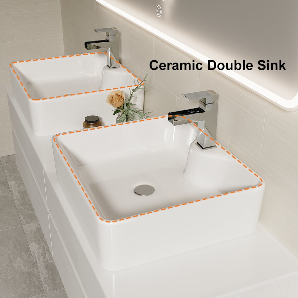 60" Floating Bathroom Vanity Set with Faux Marble Top & Ceramic Vessel Sink