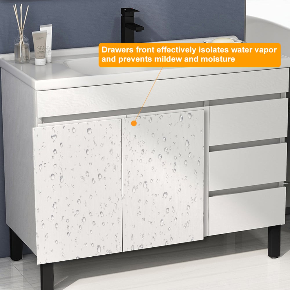 Bathroom vanity with speckled pattern on doors and text overlay about water vapor isolation.