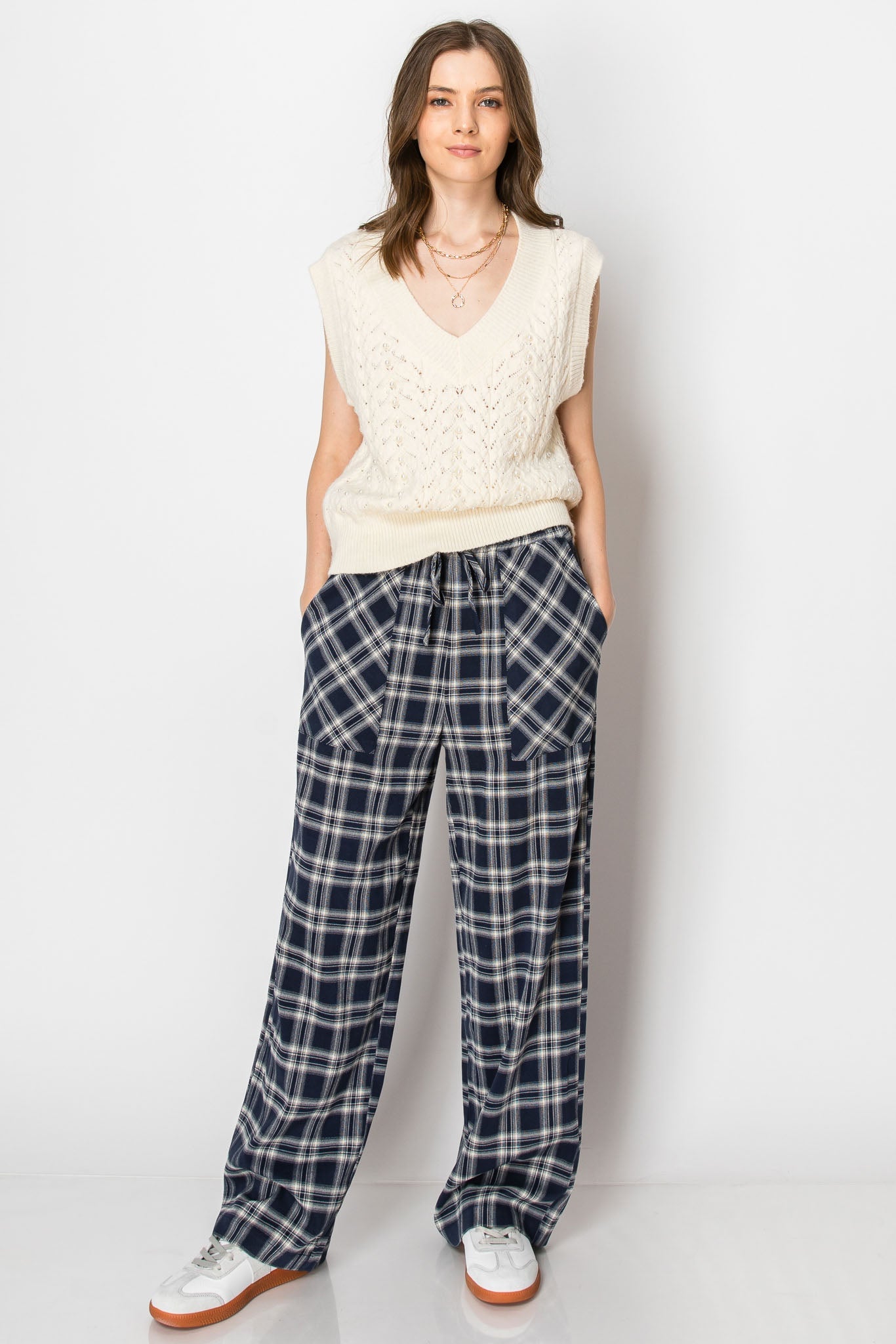 Drawstring Plaid Wide Leg Pants