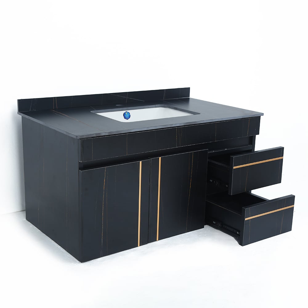 Black bathroom vanity with open drawer on a white background
