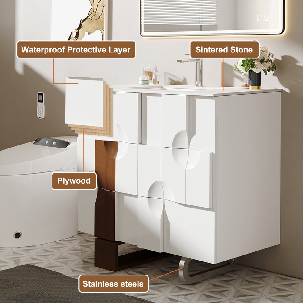 Bathroom vanity with labeled materials including waterproof protective layer, sintered stone, plywood, and stainless steel.