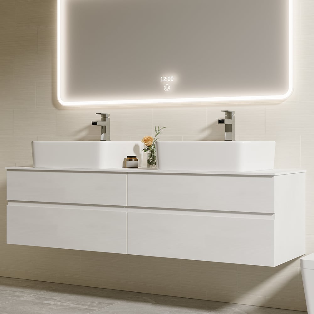 60" Floating Bathroom Vanity Set with Faux Marble Top & Ceramic Vessel Sink