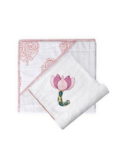 3-Piece Newborn Essential Set (Bamboo Hooded Towel, Swaddle & Rattle)