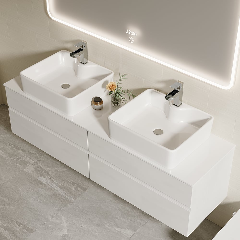 60" Floating Bathroom Vanity Set with Faux Marble Top & Ceramic Vessel Sink