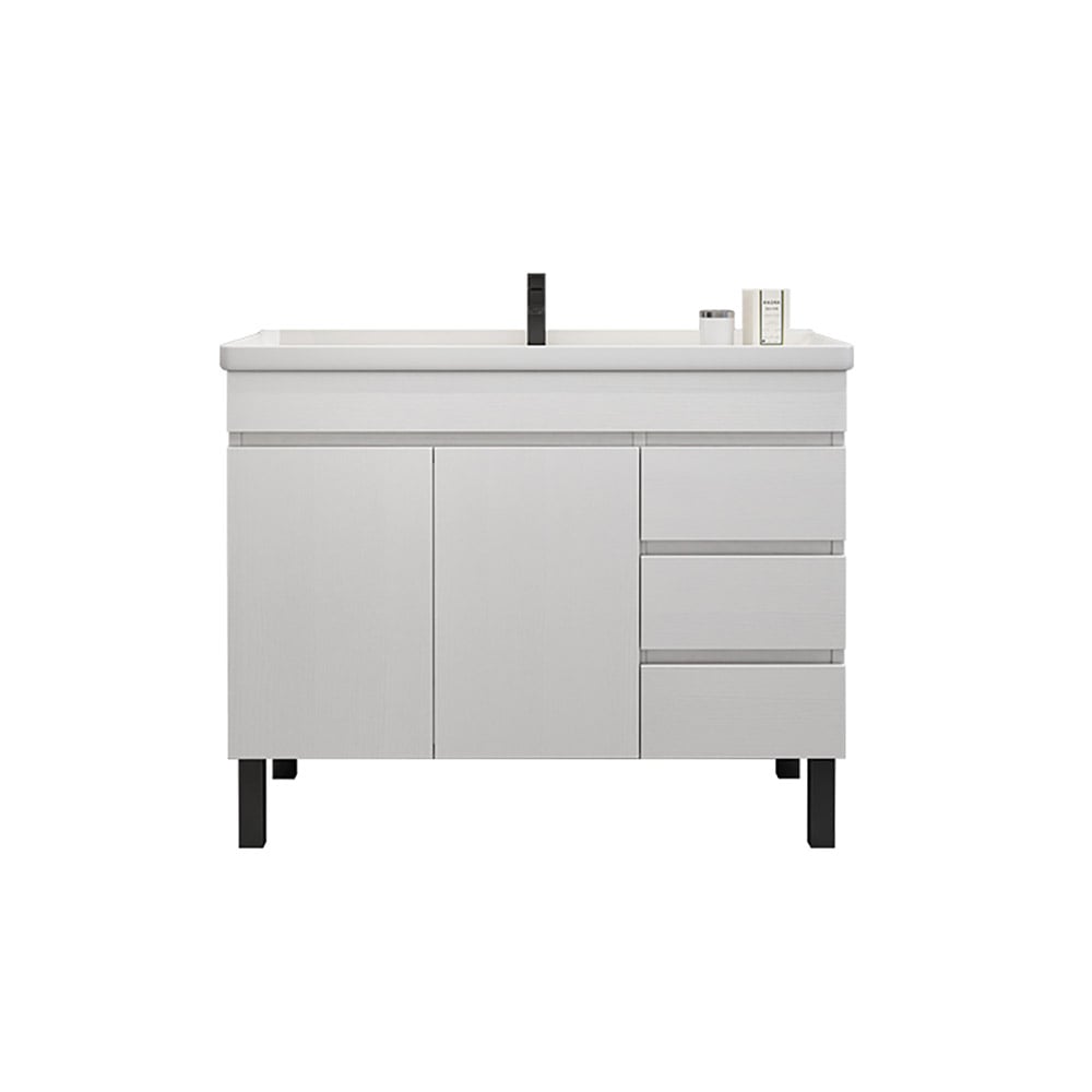 Gray bathroom vanity with sink on a white background