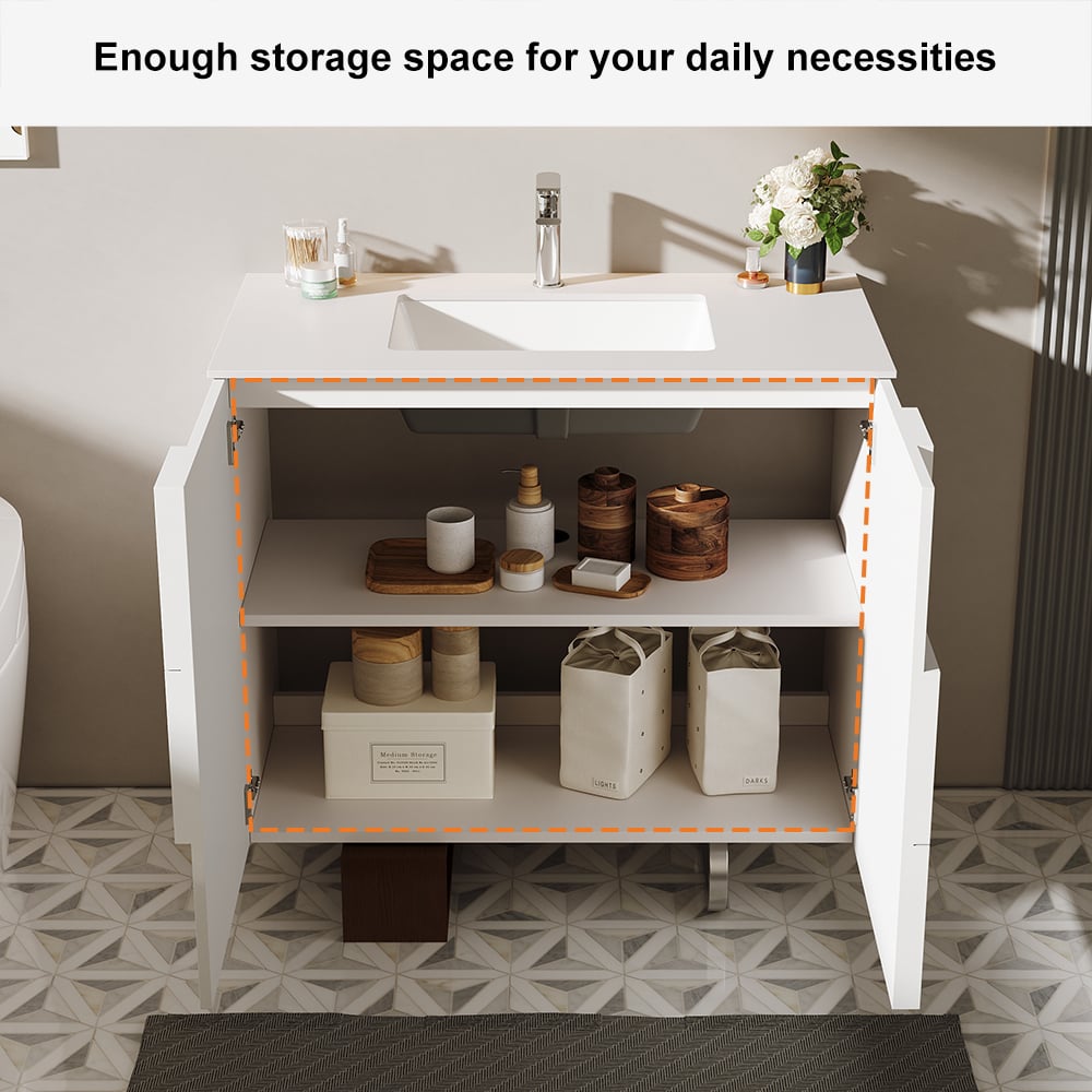 Bathroom vanity with open cabinet showing storage space