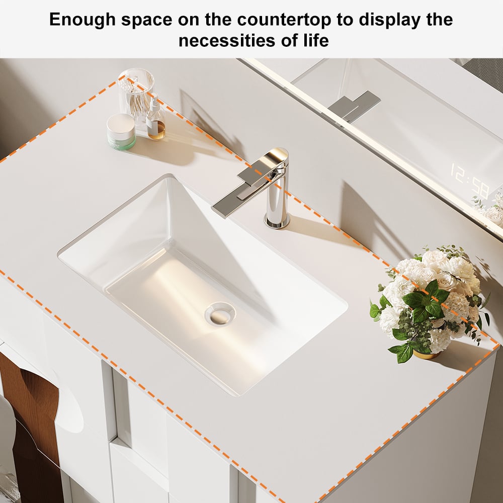 Bathroom vanity with a sink and decorative elements on the countertop