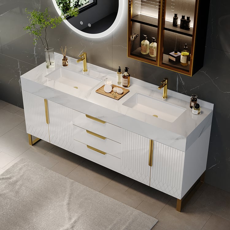 Bathroom vanity with two sinks, gold fixtures, and a mirror.