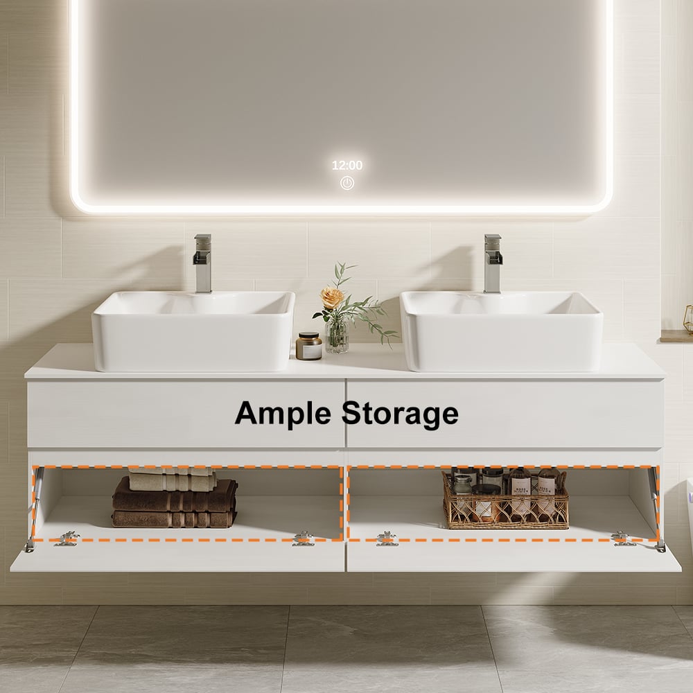 60" Floating Bathroom Vanity Set with Faux Marble Top & Ceramic Vessel Sink