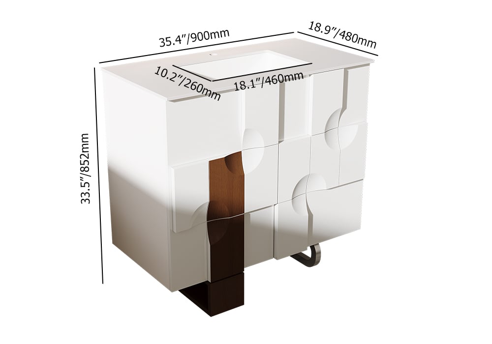 White cabinet with dimensions labeled on a white background