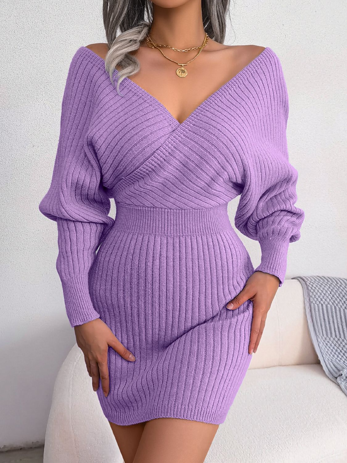 Cozy Chic Rib-Knit Dolman Sweater Dress
